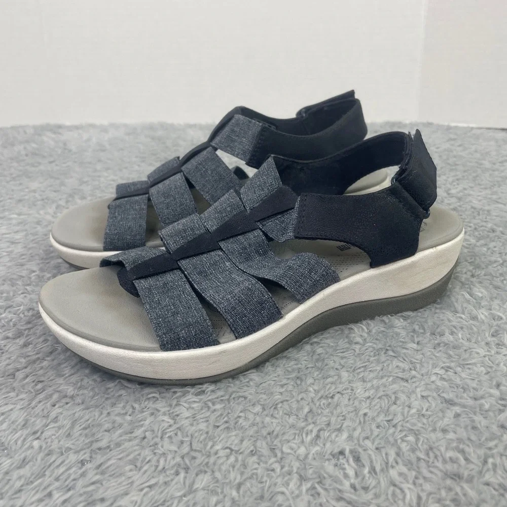 Clarks Cloudsteppers Sandals Womens 7 Grey Blue Arla Glison Strappy Wedge